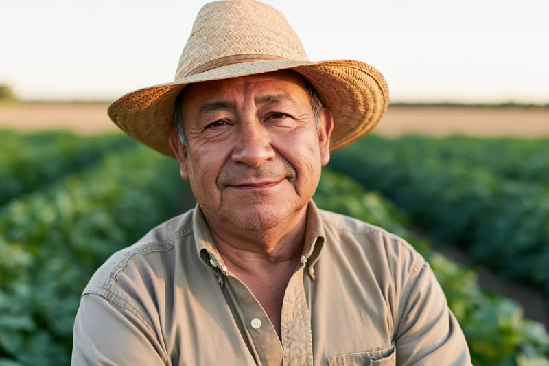 Smiling middle-aged farmer in straw hat standing in a lettuce field at golden hour