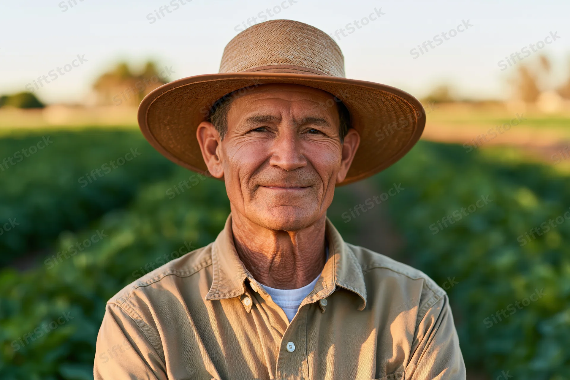 Smiling middle-aged farmer in straw hat standing in a green crop field during golden hour
