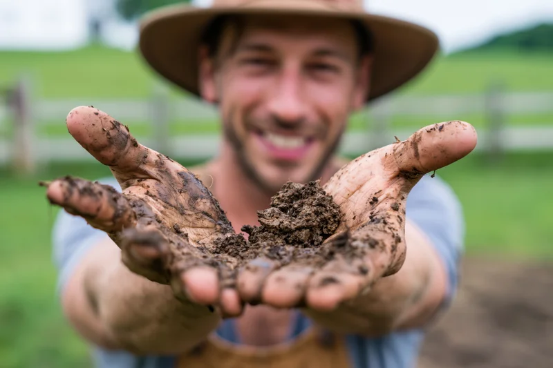Farmer holding soil in hands outdoors in a field