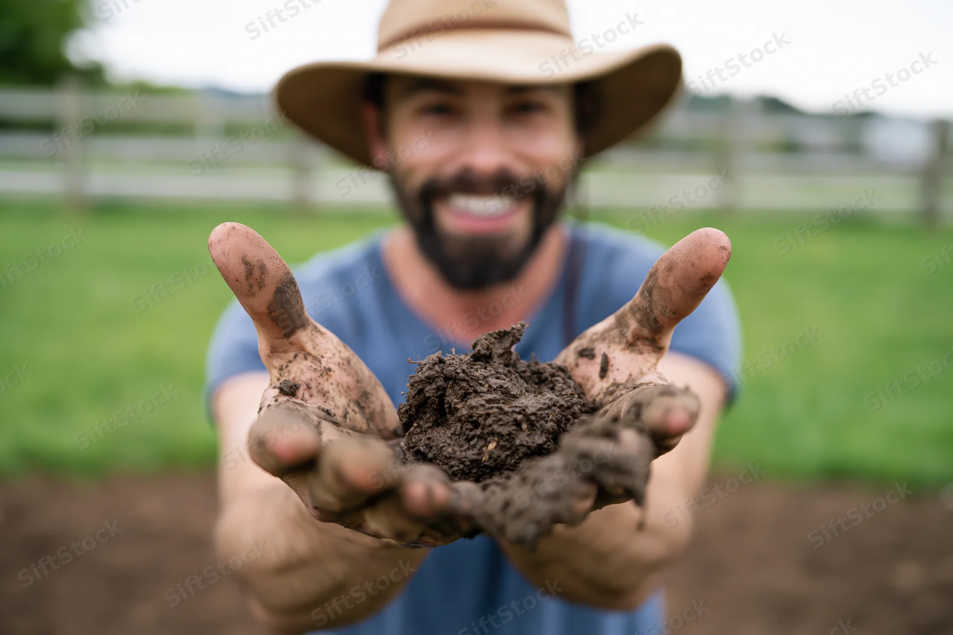 Man holding soil in his hands in a garden field