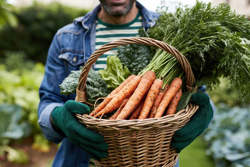 Man holding a wicker basket filled with fresh carrots and kale in a garden