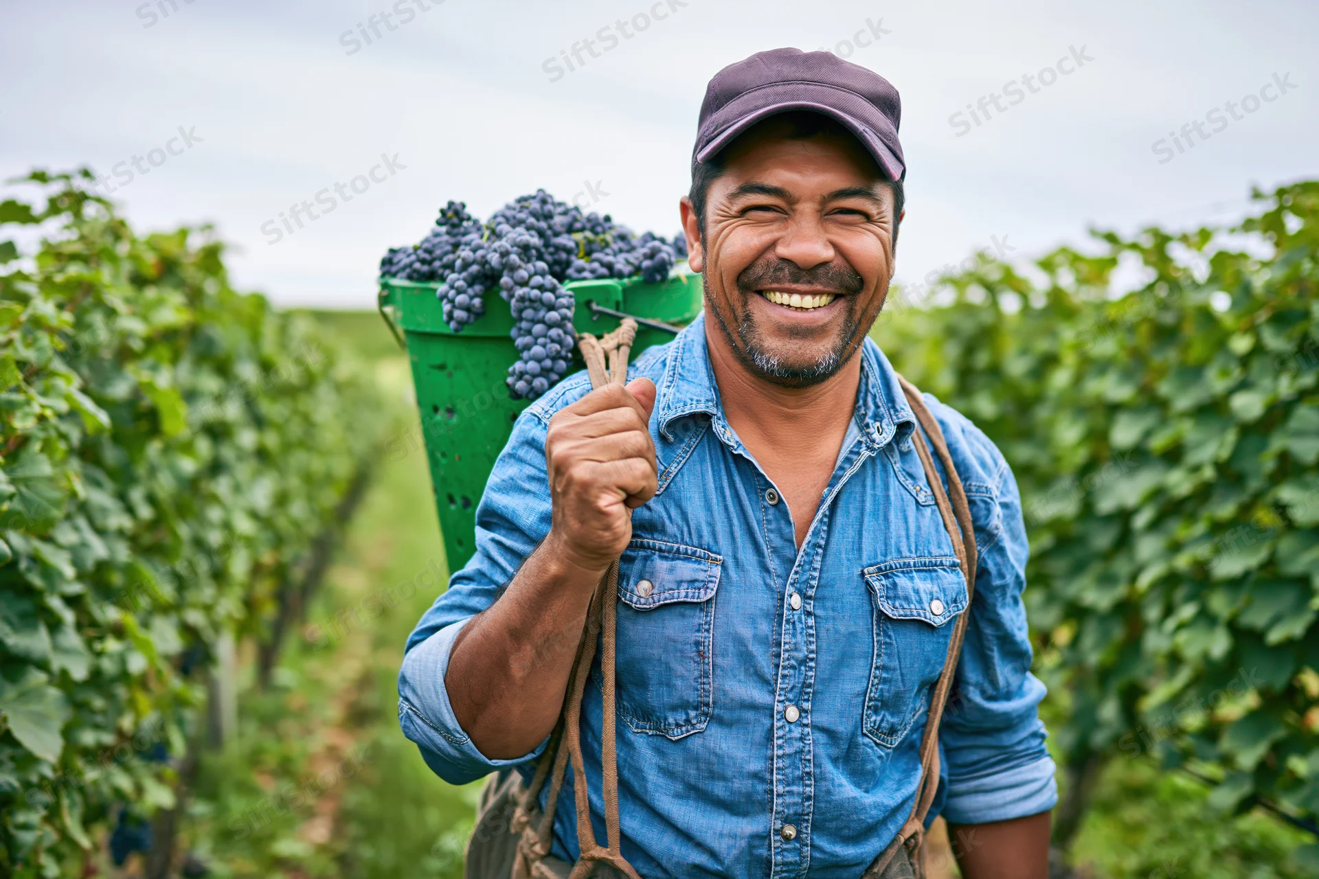 Smiling man carrying grape basket in vineyard field