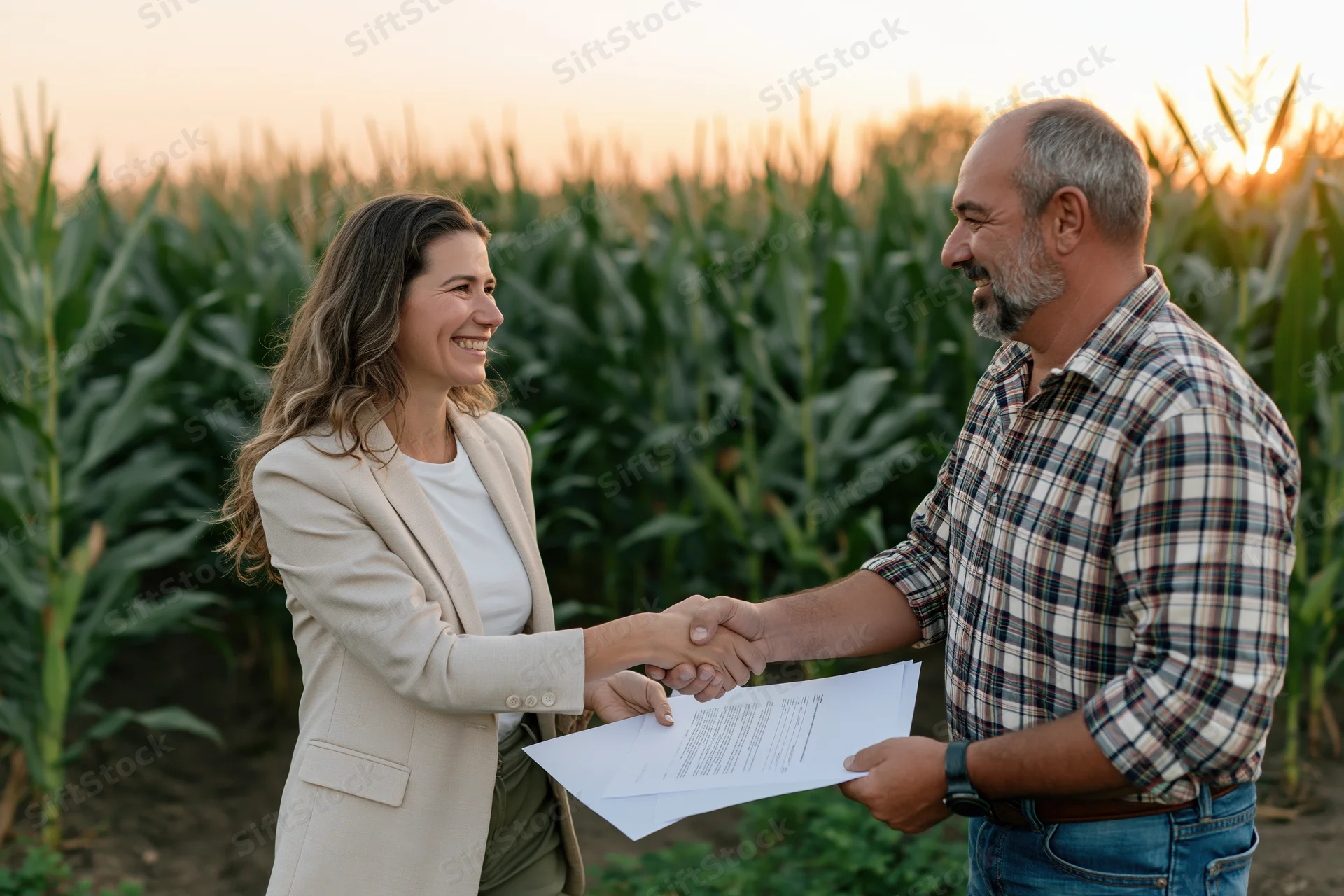 Woman and man shaking hands over contract in a cornfield at sunset