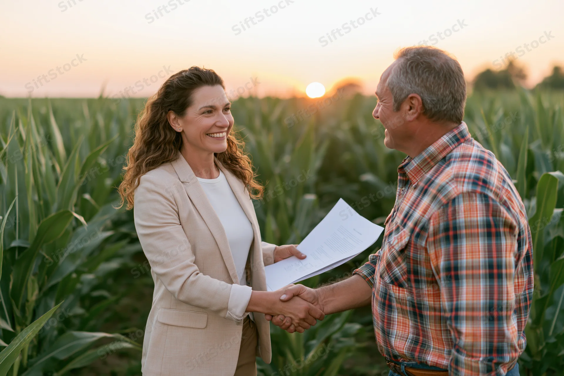Woman in suit shaking hands with farmer in cornfield at sunset holding contract