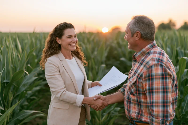 Woman in suit shaking hands with farmer in cornfield at sunset holding contract
