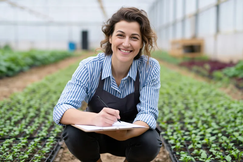 Woman crouching in greenhouse writing notes on clipboard among rows of seedlings