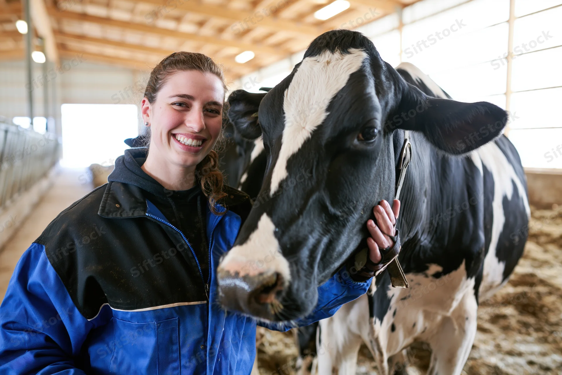 Woman smiling while holding a cow's head in a barn