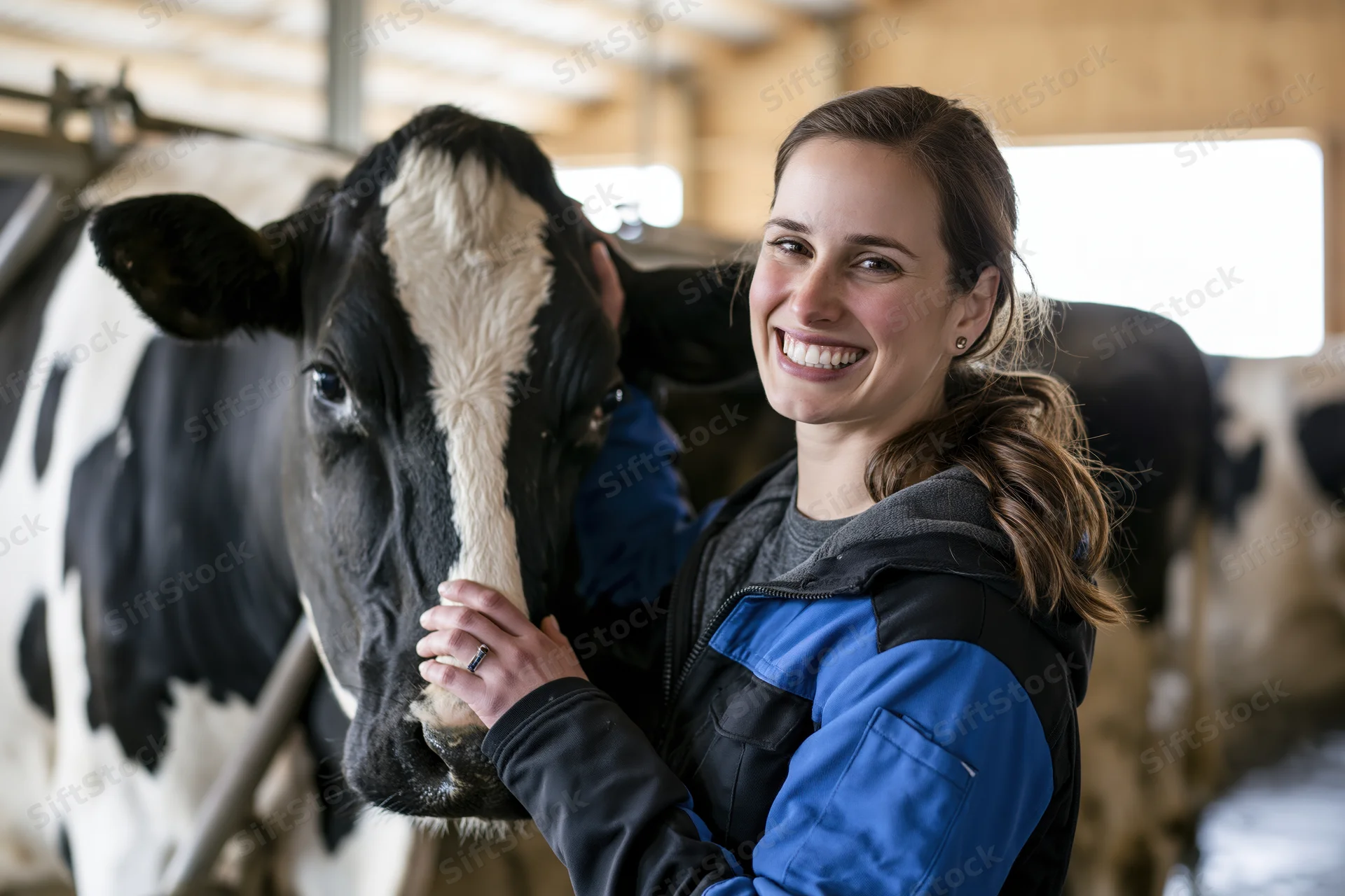 Woman smiling while petting a black and white cow in a barn
