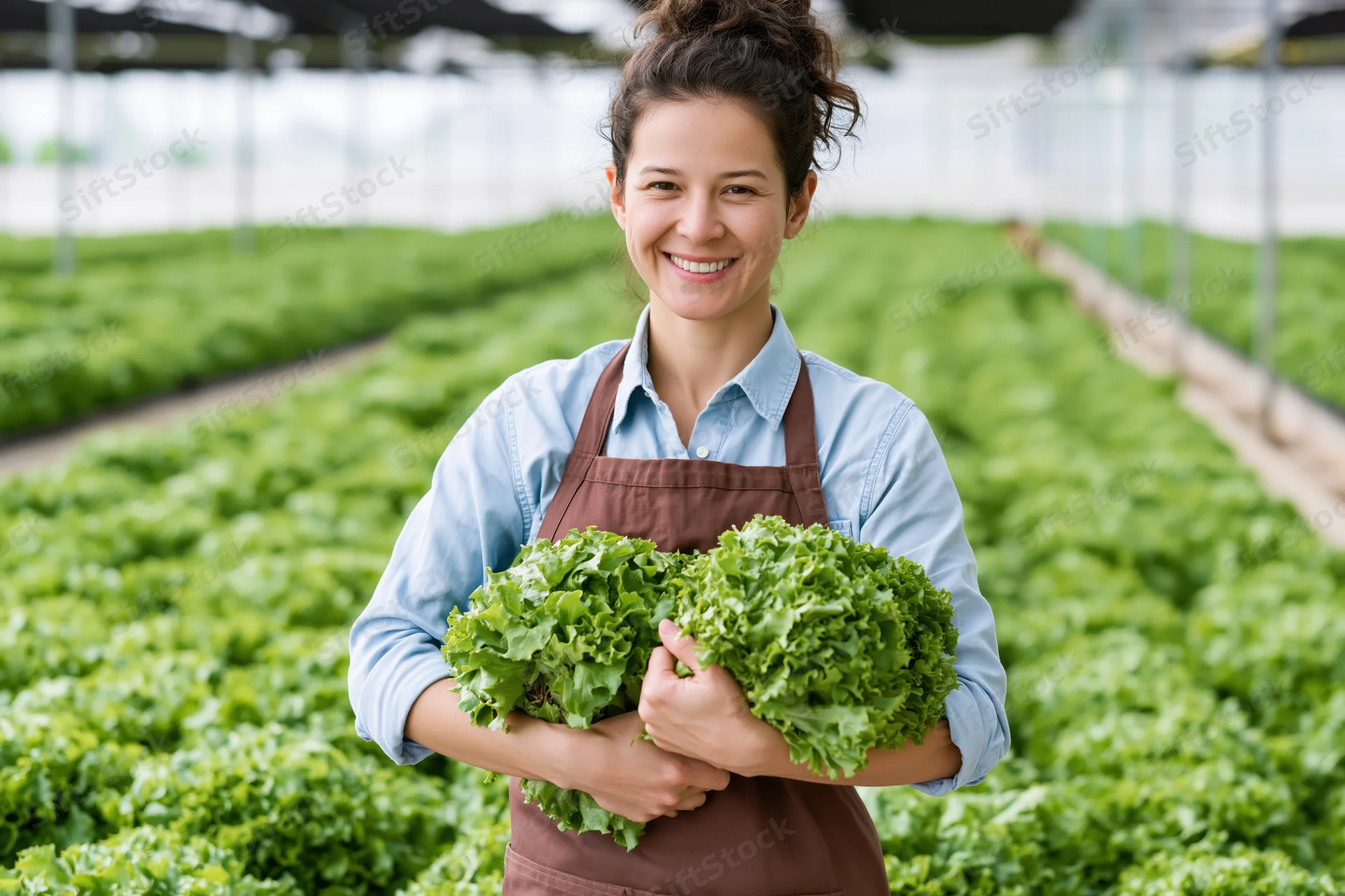 Woman holding fresh lettuce in a greenhouse farm