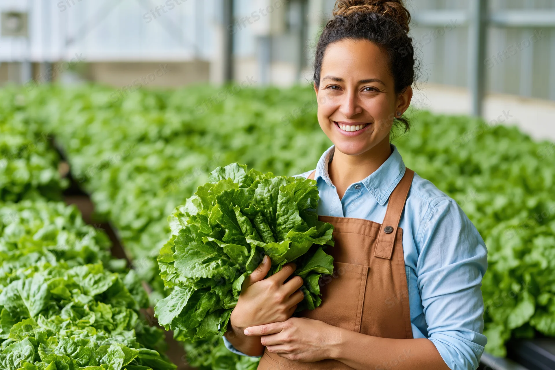 Woman holding fresh lettuce in a greenhouse farm