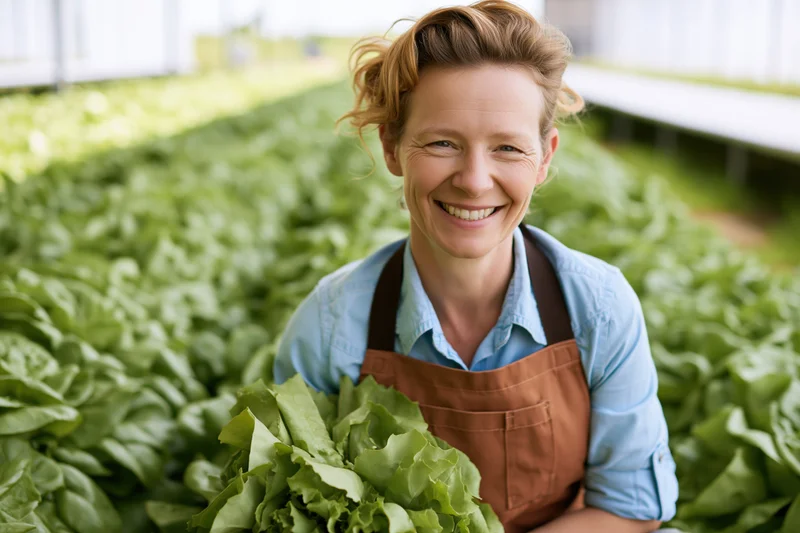 Woman holding fresh lettuce in a greenhouse garden