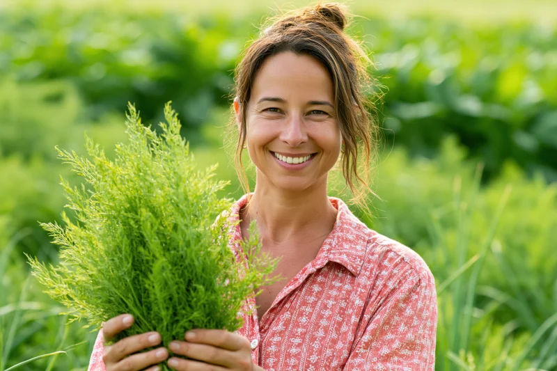 Woman holding fresh dill in a green garden field
