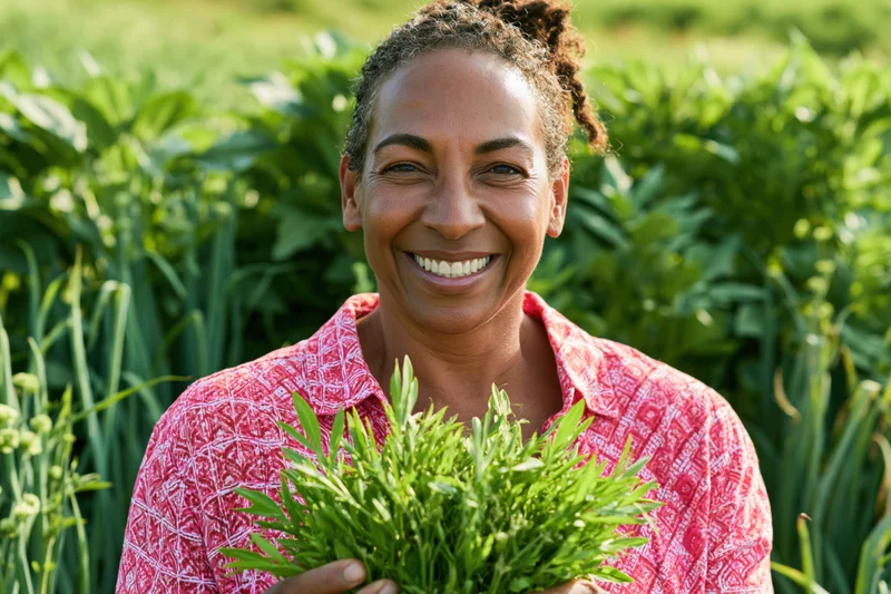 Woman holding fresh herbs in a garden field smiling