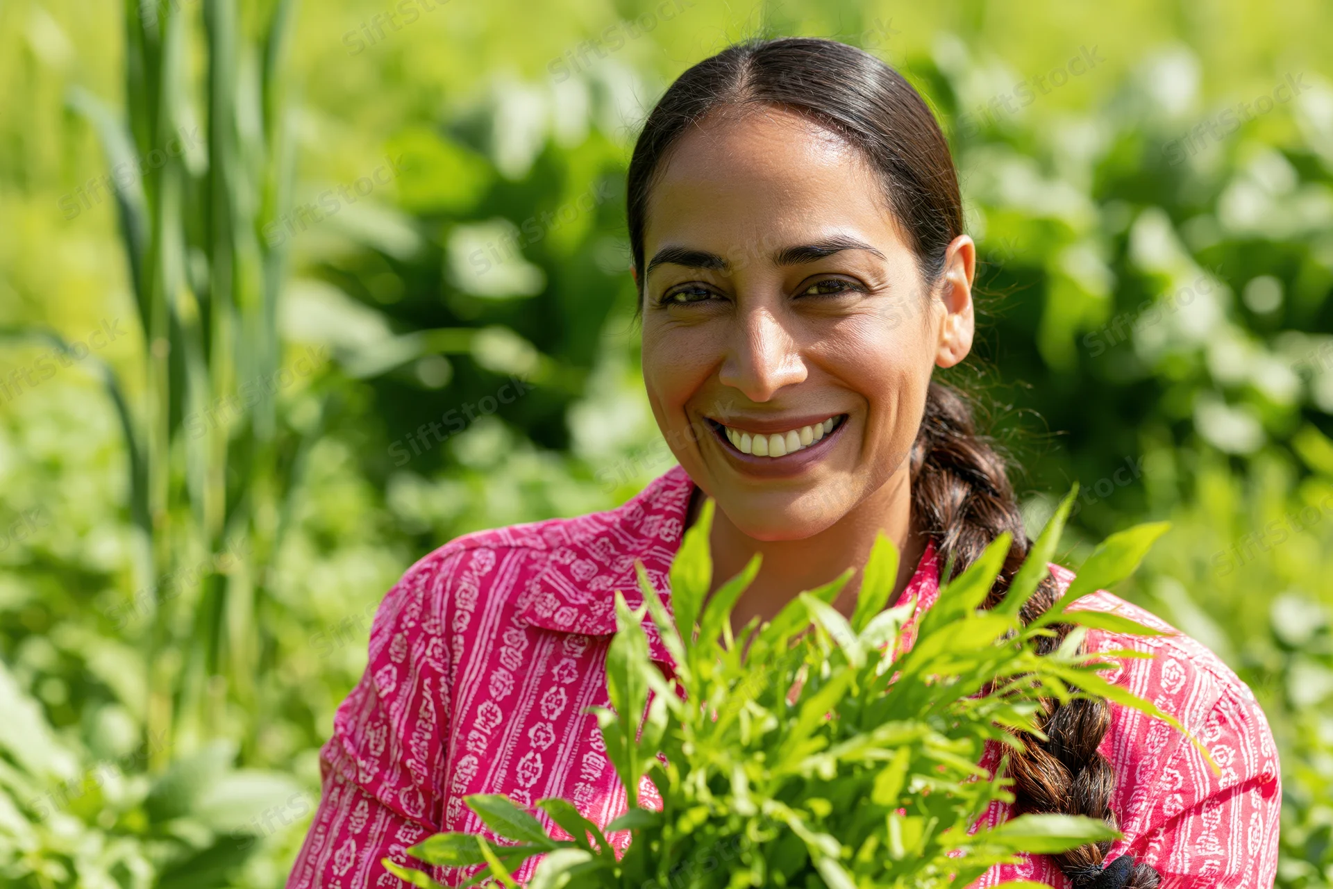 Woman holding fresh green plants in a garden field