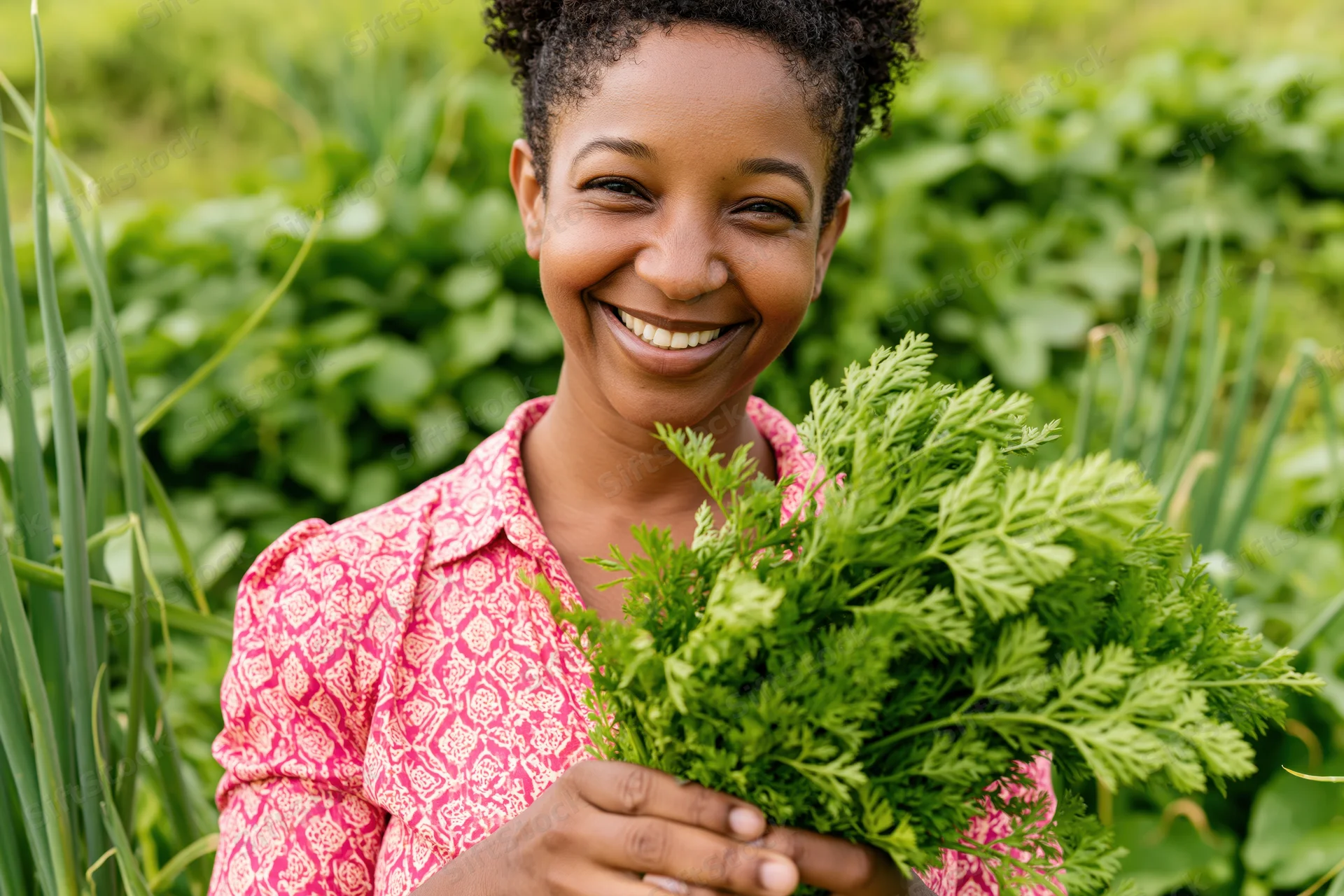 Smiling woman holding fresh carrot greens in a garden