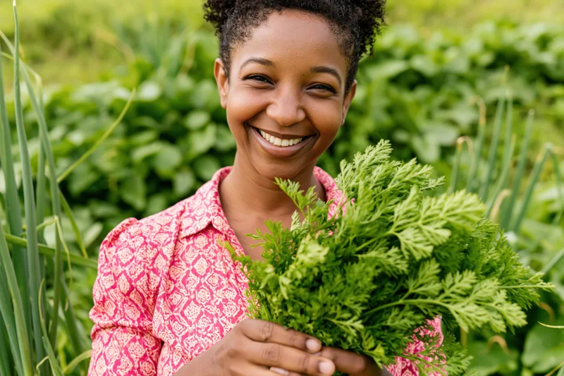 Smiling woman holding fresh carrot greens in a garden
