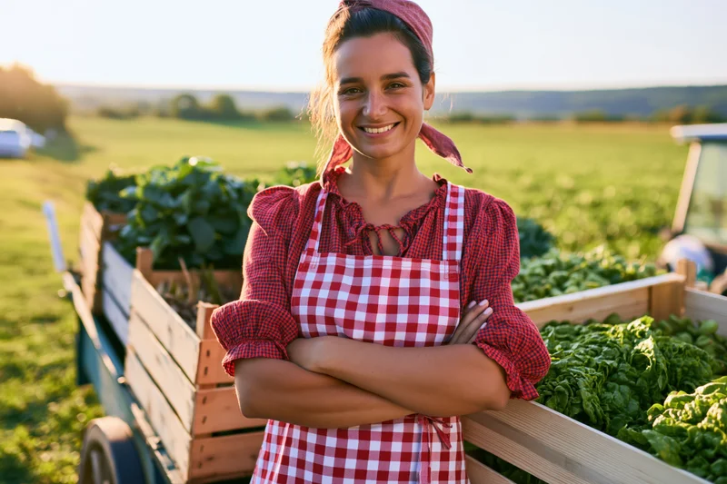 Smiling woman in red checkered apron standing by vegetable-filled wagon in sunny field