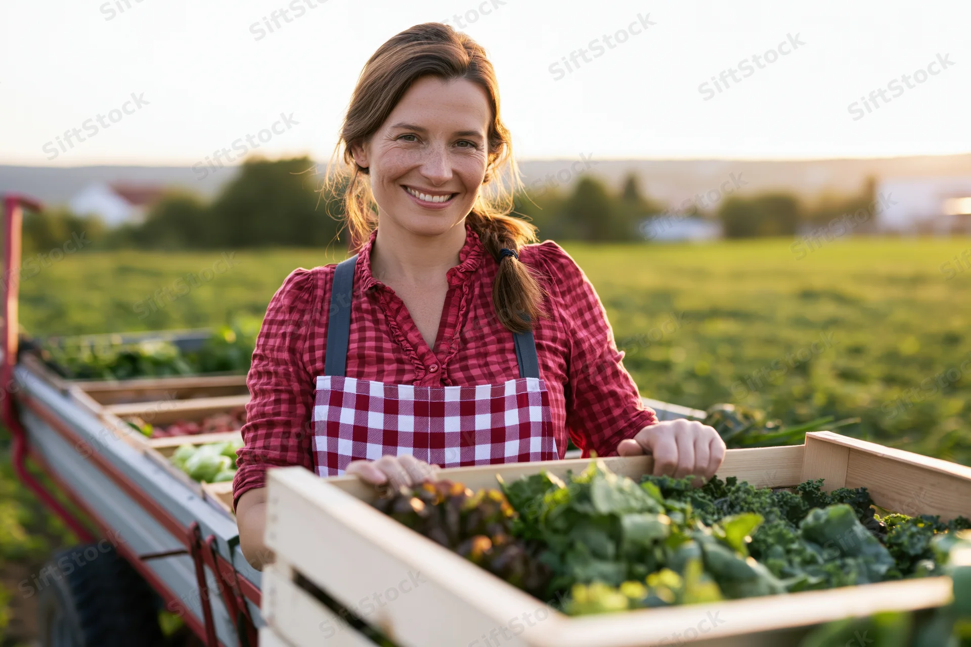 Woman holding a crate of fresh vegetables in a farm field at golden hour