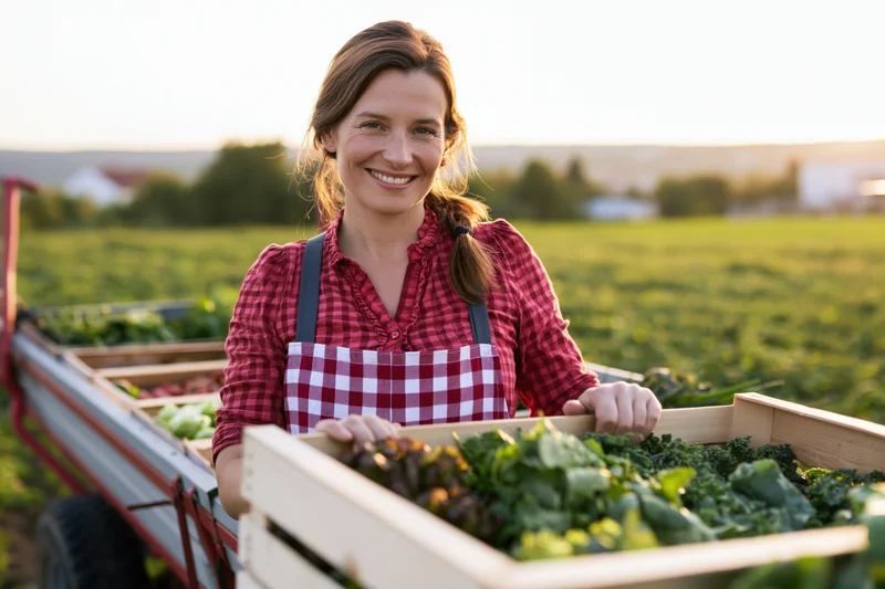 Woman holding a crate of fresh vegetables in a farm field at golden hour
