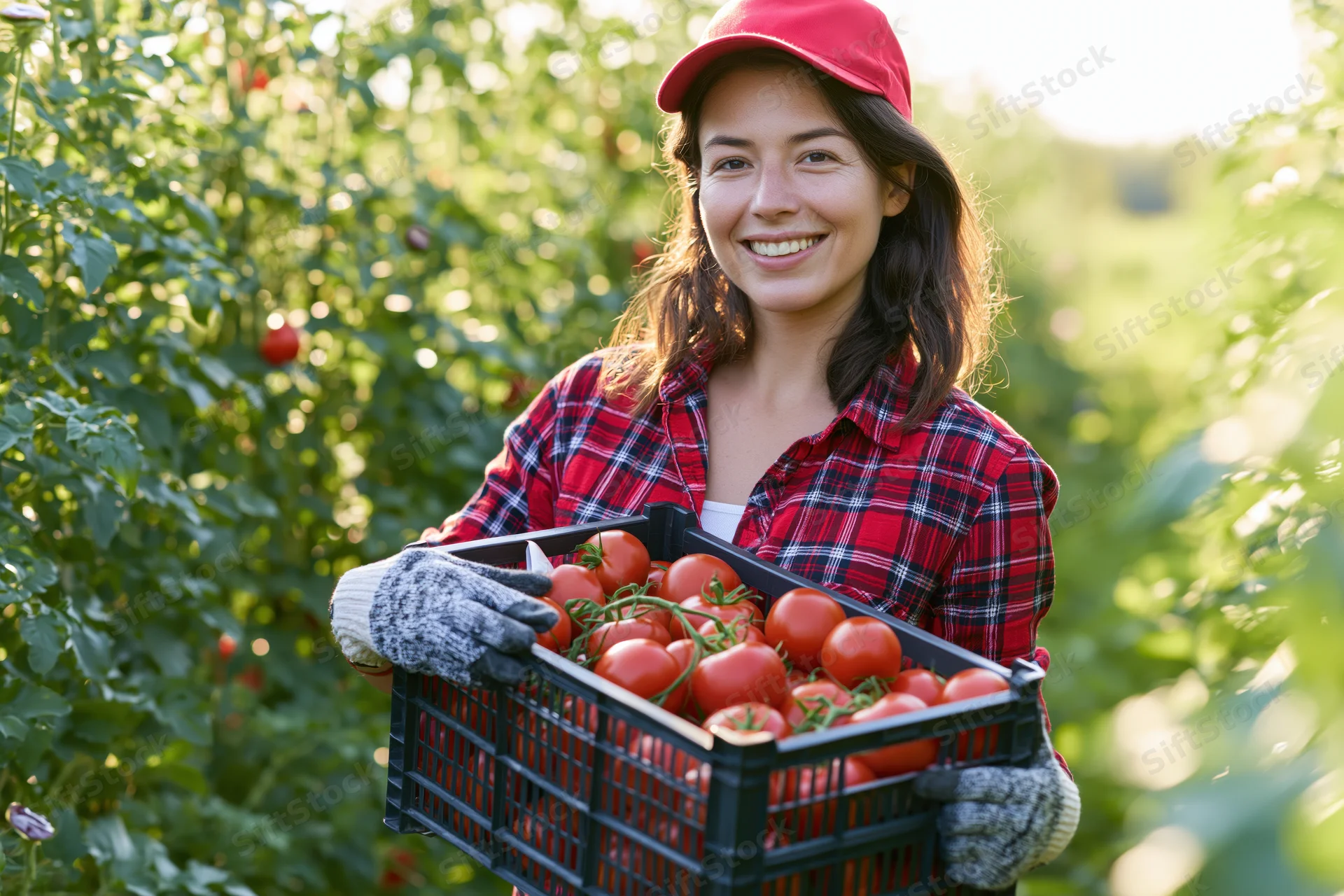 Woman holding crate of tomatoes in garden field