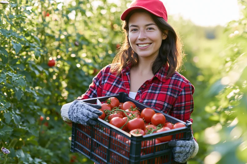 Woman holding crate of tomatoes in garden field