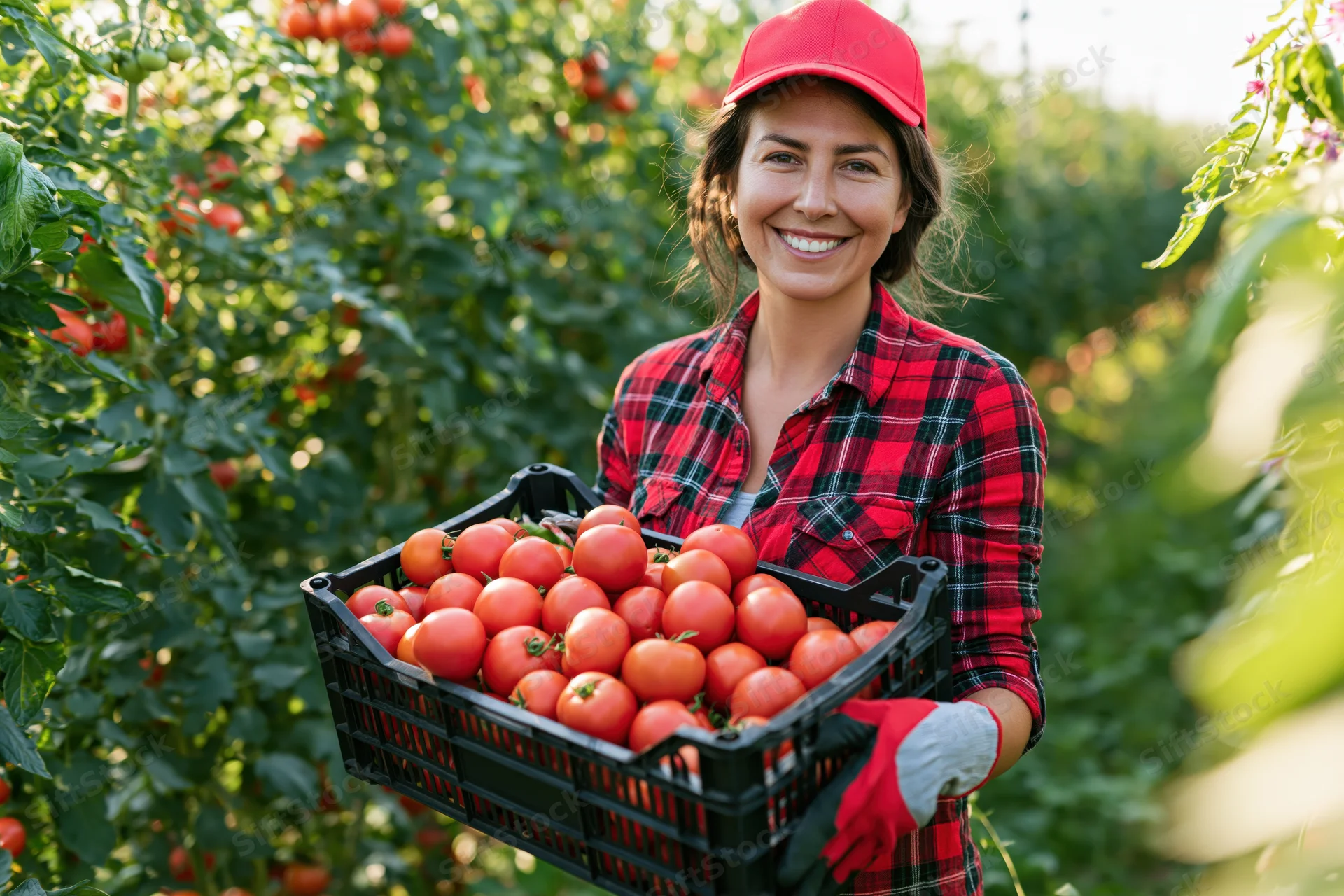 Woman holding a crate of tomatoes in a garden field