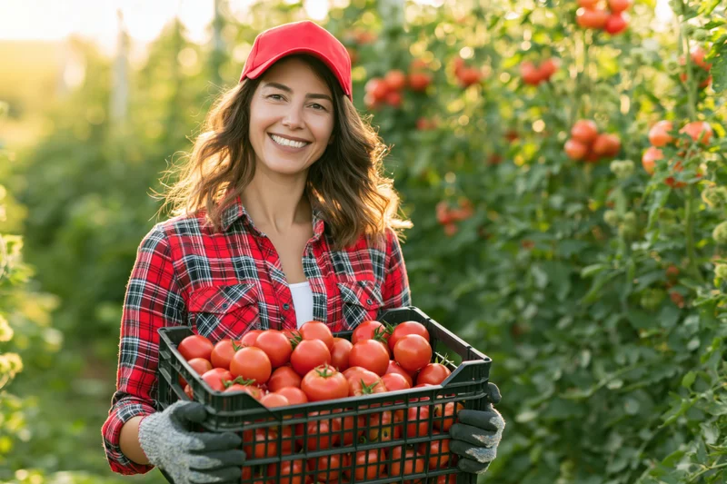Smiling woman holding crate of tomatoes in a garden field