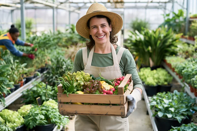 Smiling woman holding wooden crate of fresh vegetables in greenhouse