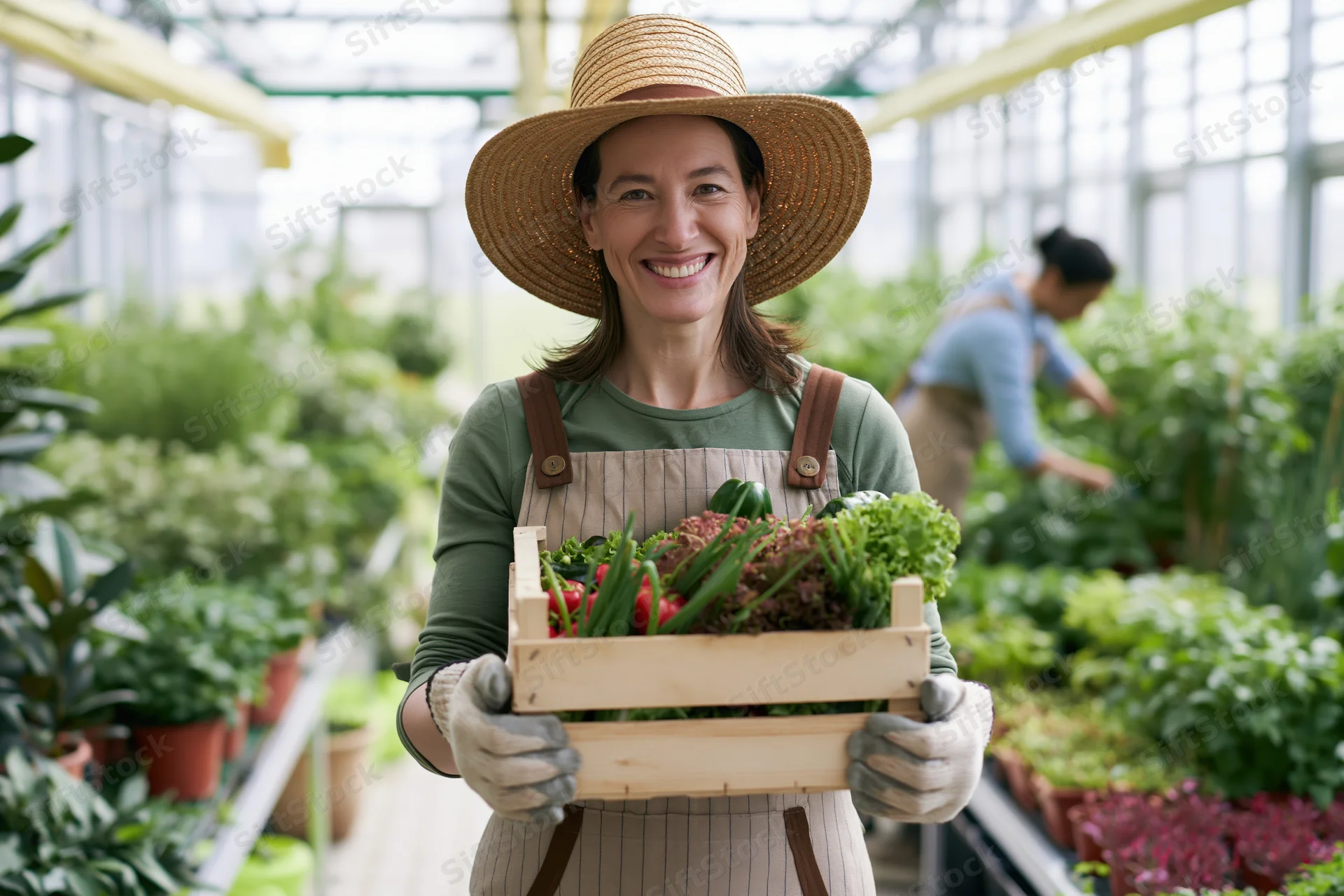Smiling woman holding wooden crate of fresh vegetables in greenhouse