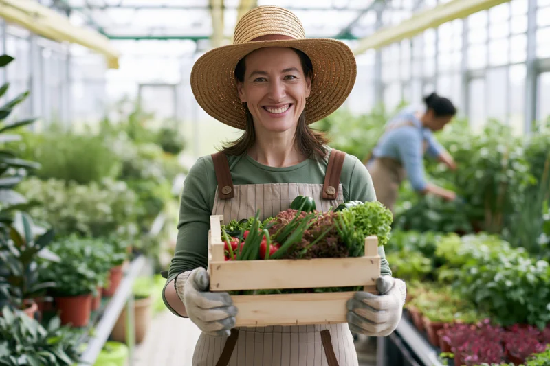 Smiling woman holding wooden crate of fresh vegetables in greenhouse