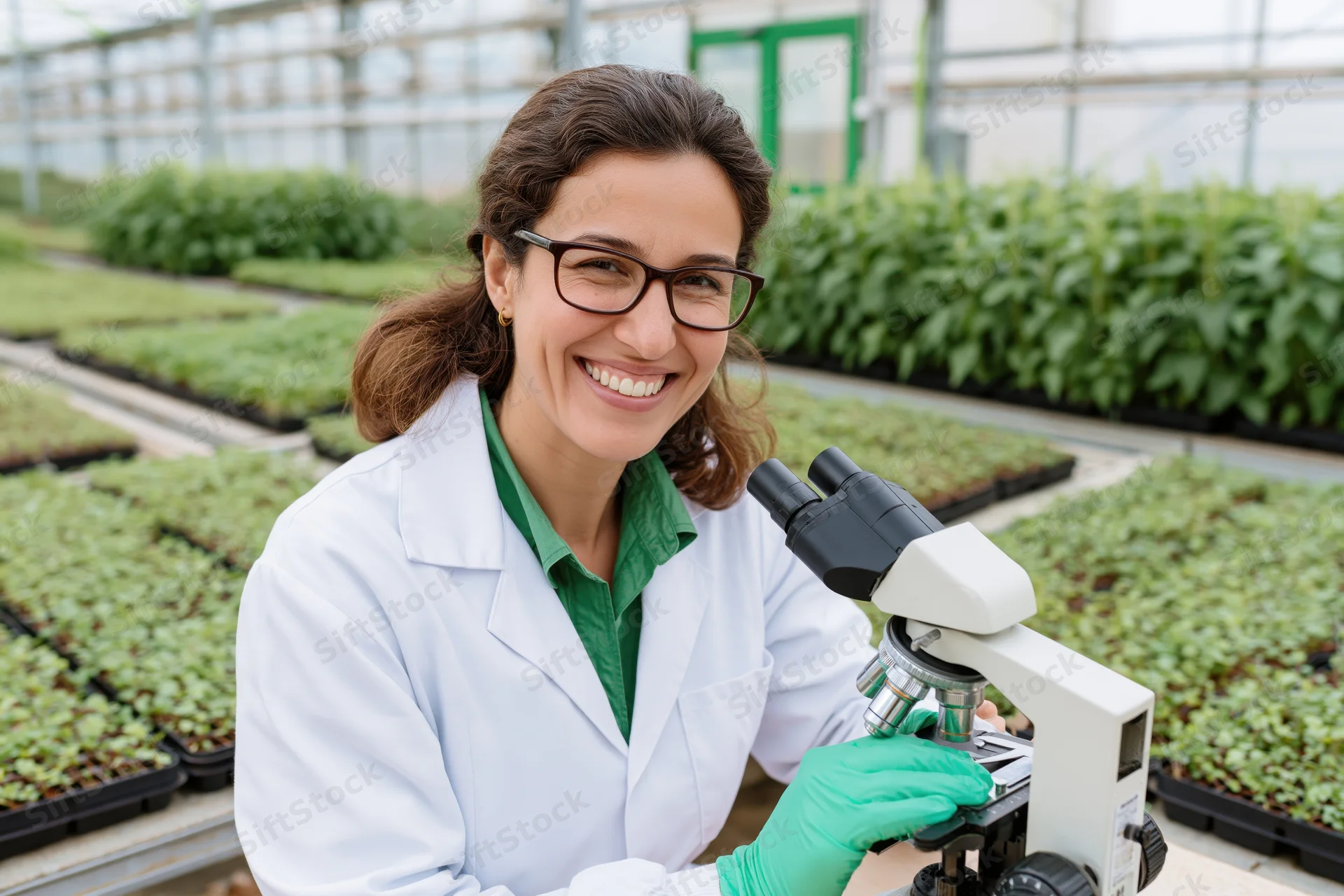 Woman in lab coat smiling while using microscope in greenhouse with seedlings in trays