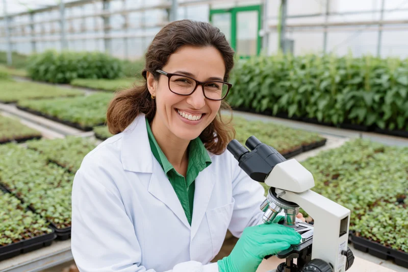 Woman in lab coat smiling while using microscope in greenhouse with seedlings in trays