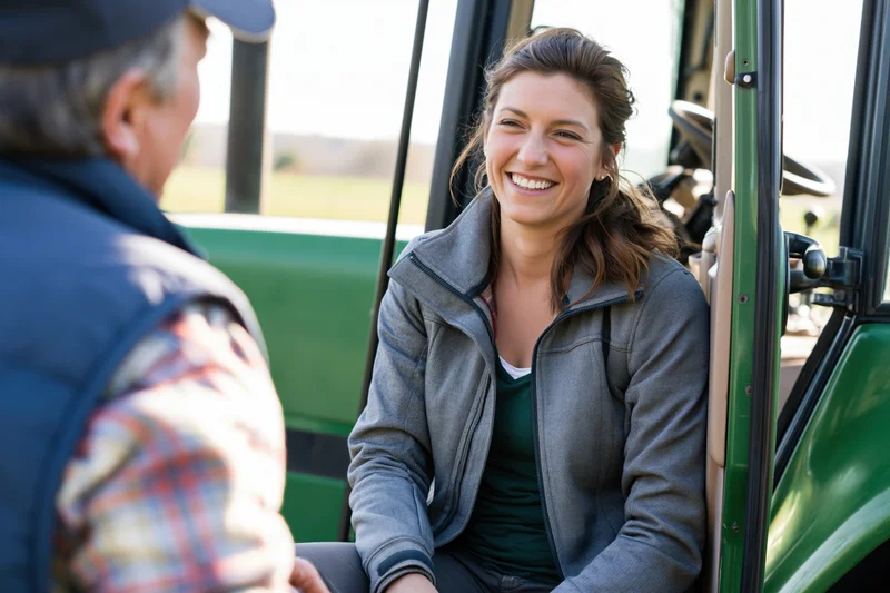 Woman smiling while sitting in tractor cab talking to man outdoors