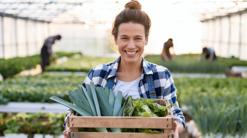 Woman holding wooden crate of fresh vegetables in greenhouse