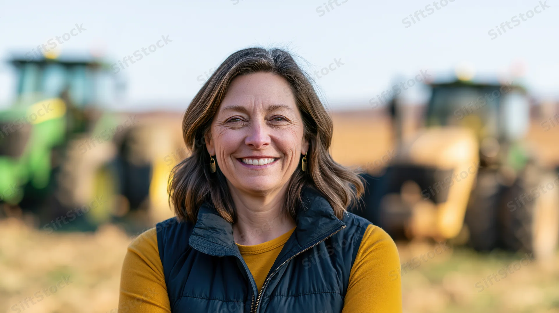 Smiling woman in a vest standing in a field with tractors behind her