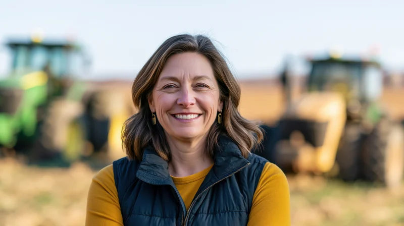 Smiling woman in a vest standing in a field with tractors behind her