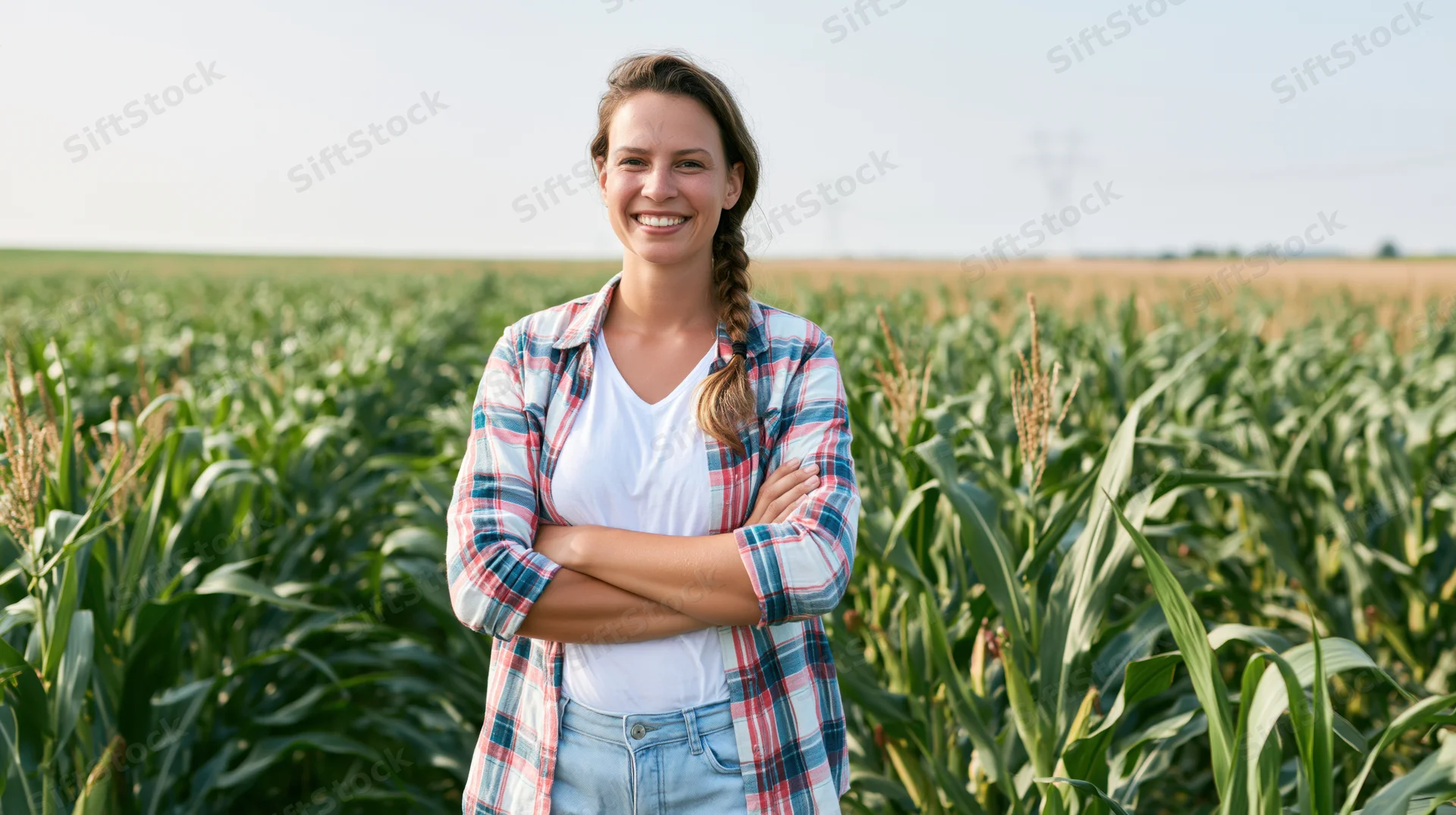 Smiling woman standing with arms crossed in a cornfield