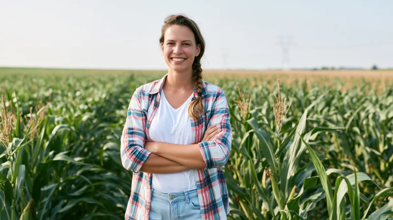 Smiling woman standing with arms crossed in a cornfield