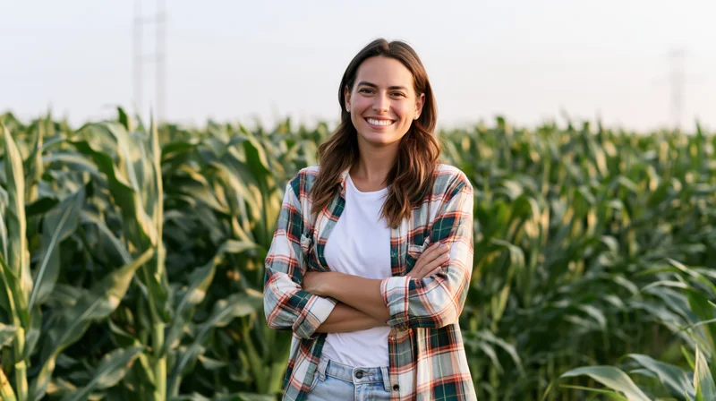Woman standing with arms crossed in a cornfield smiling at camera