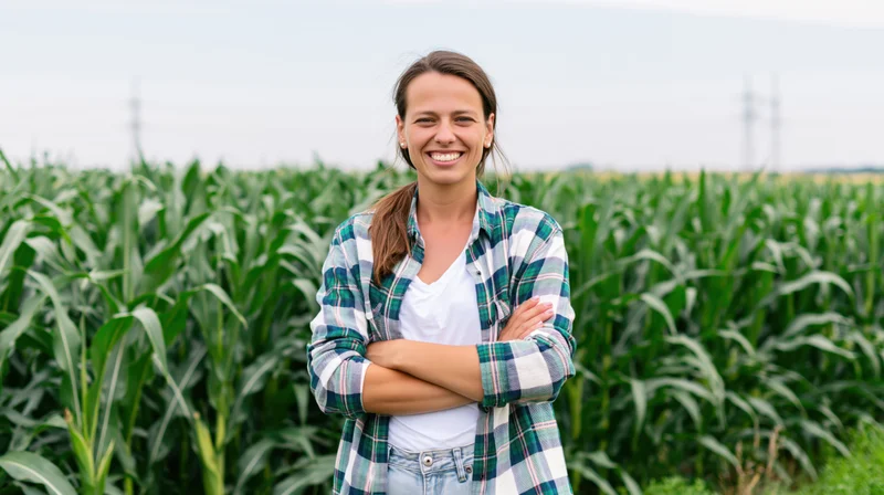Smiling woman with arms crossed standing in a cornfield