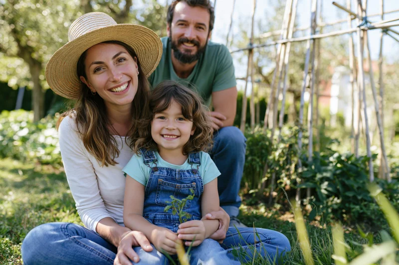 Smiling family with young child sitting together in a sunny garden surrounded by plants and greenery