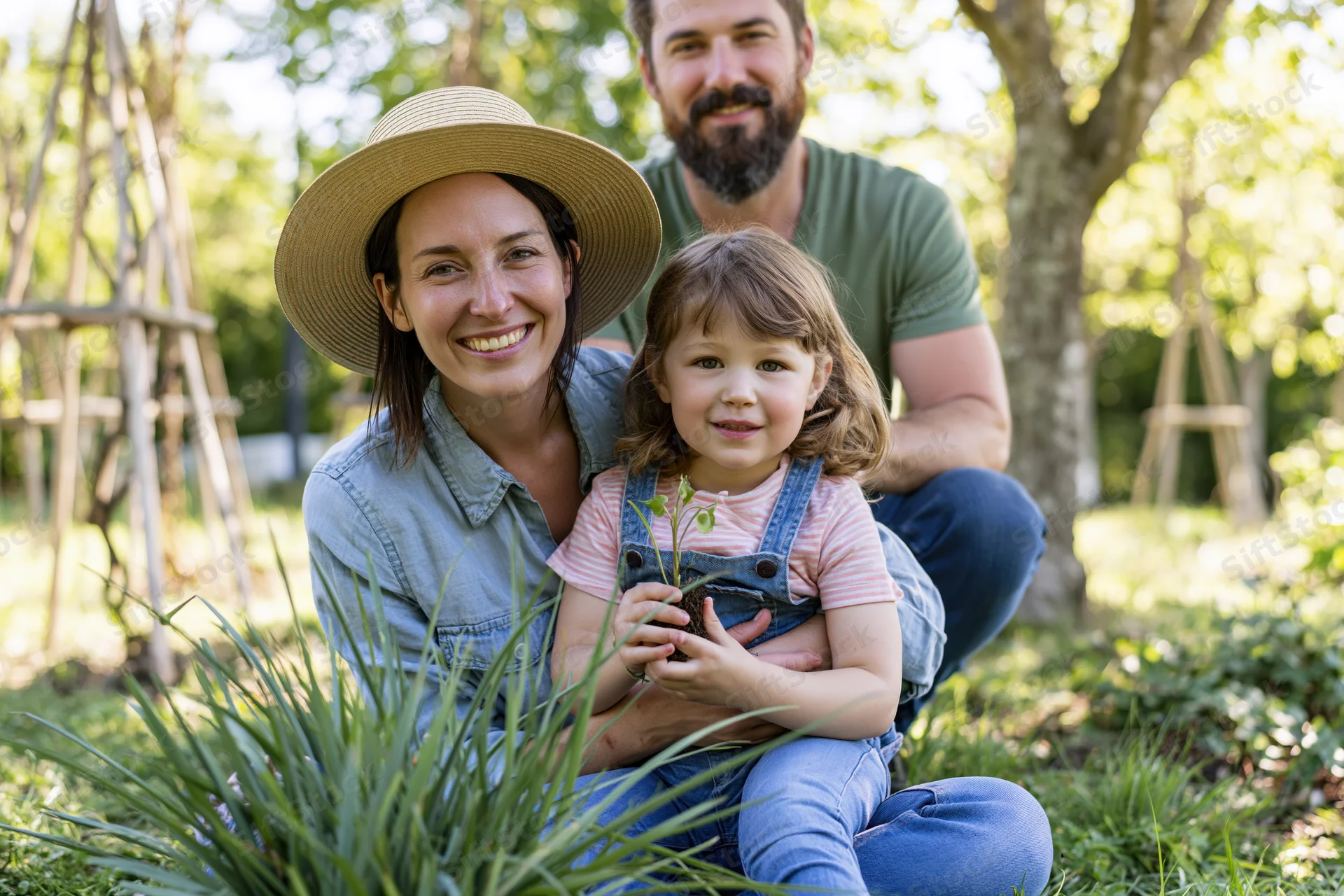 Mother and father with young daughter holding a seedling in a sunny garden