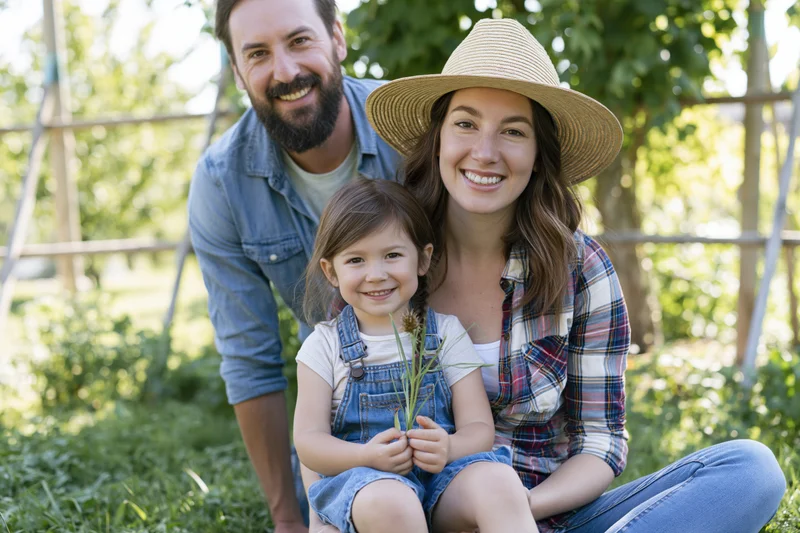 Smiling family with child holding plant in garden
