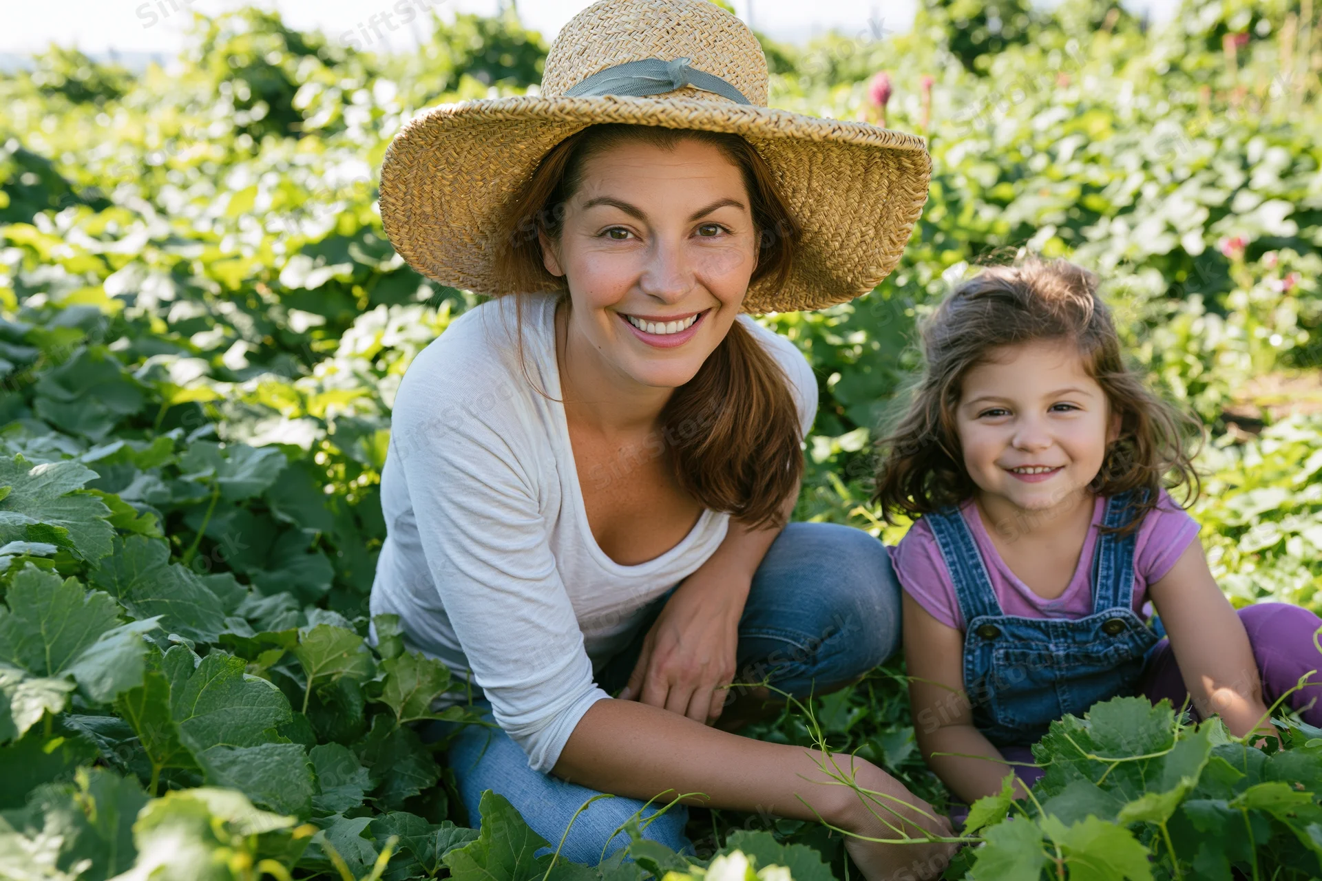 Woman and child crouching among leafy green plants in a garden field