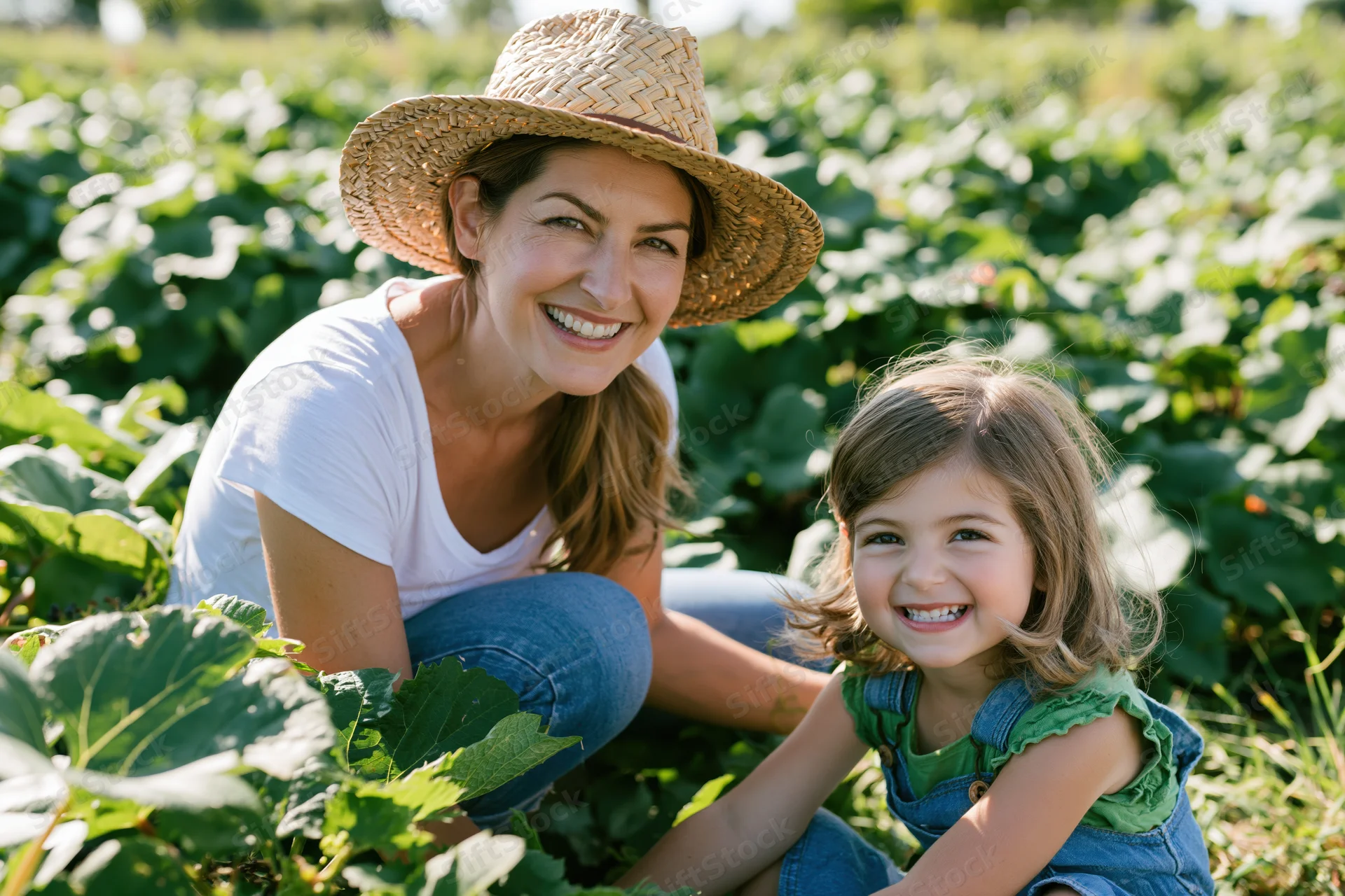 Woman and child smiling together in a vegetable garden field