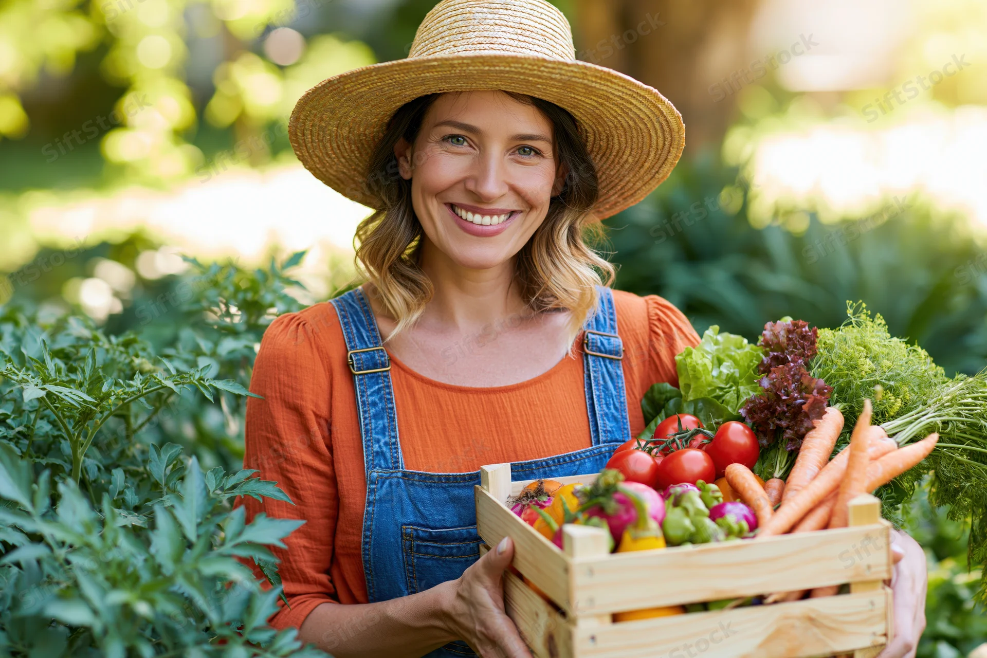 Woman holding a wooden crate of fresh vegetables in a garden