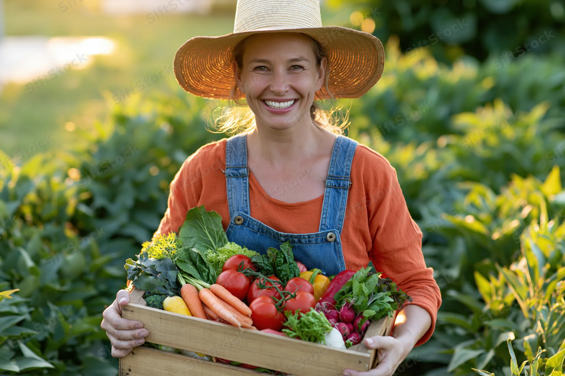 Woman holding wooden crate of fresh vegetables in garden