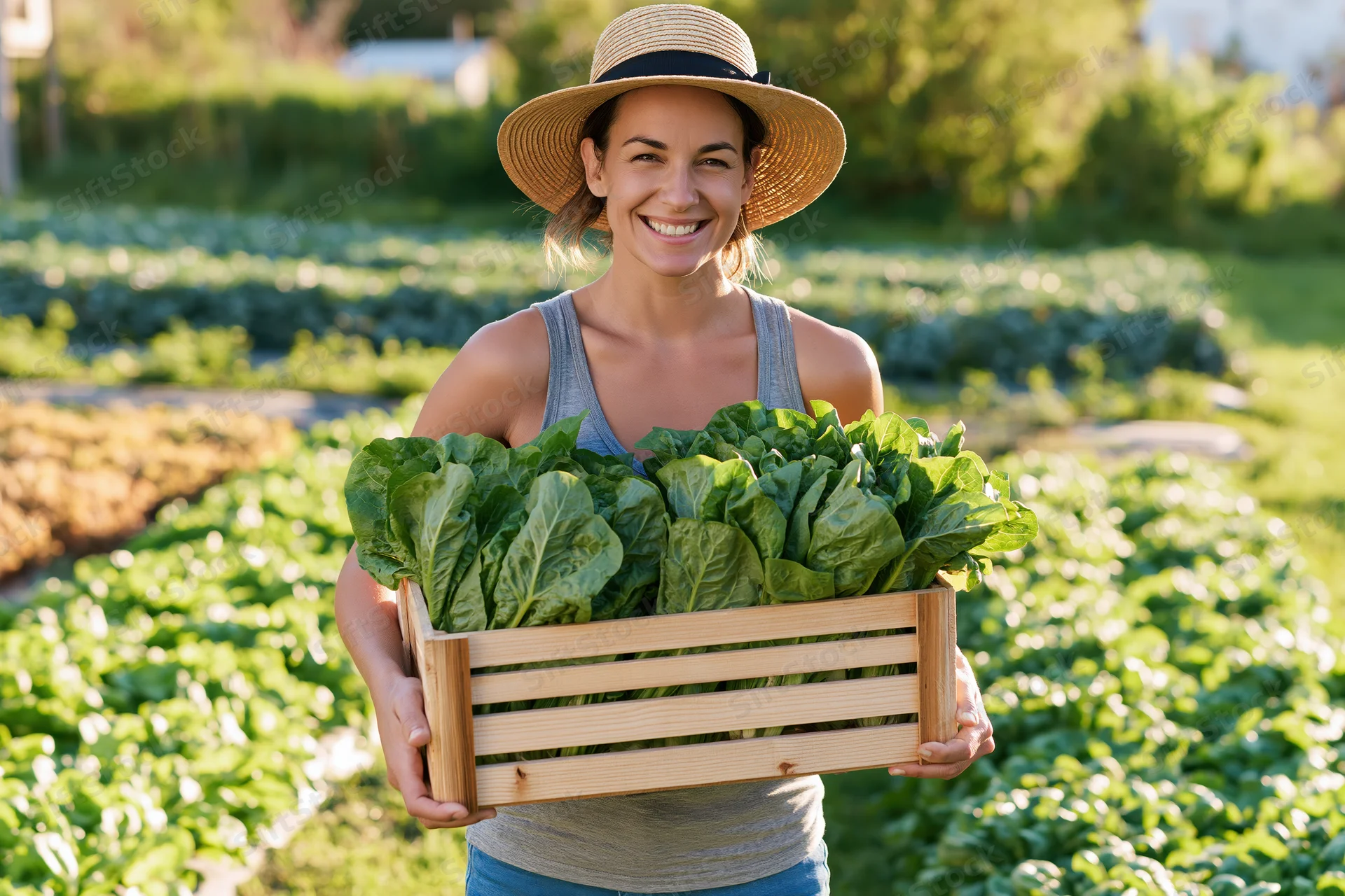Smiling woman holding wooden crate of fresh lettuce in a vegetable garden