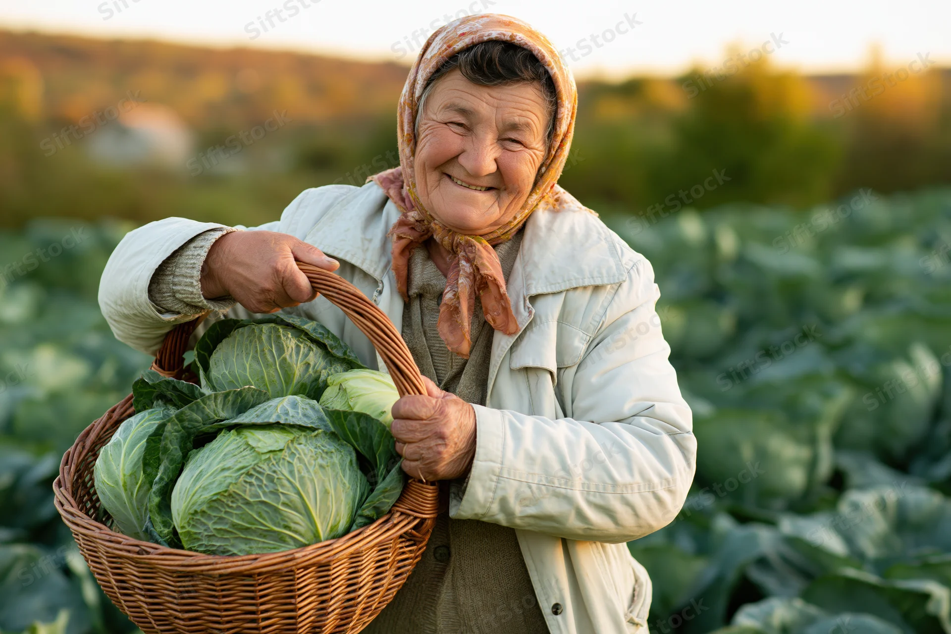 Senior woman holding a wicker basket full of cabbage in a field at sunset
