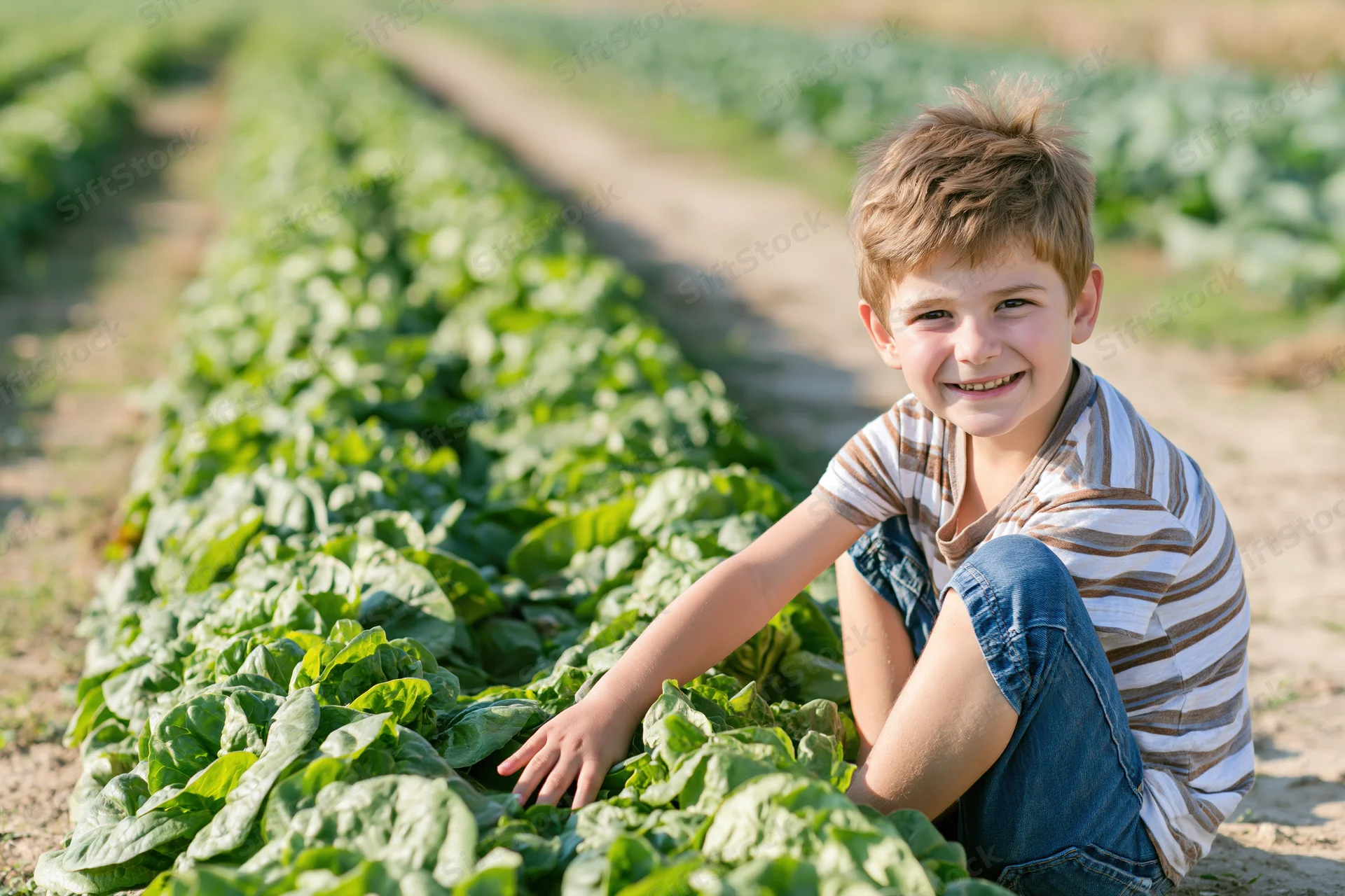 Smiling young boy sitting in a row of lettuce in a farm field